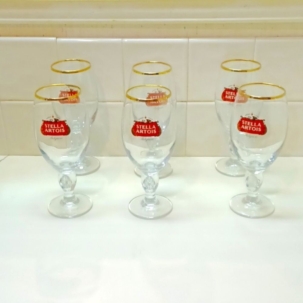 Stella Artrois Belguim Glass,Vintage W/Gold Rims Beer Glasses 6 16 Oz